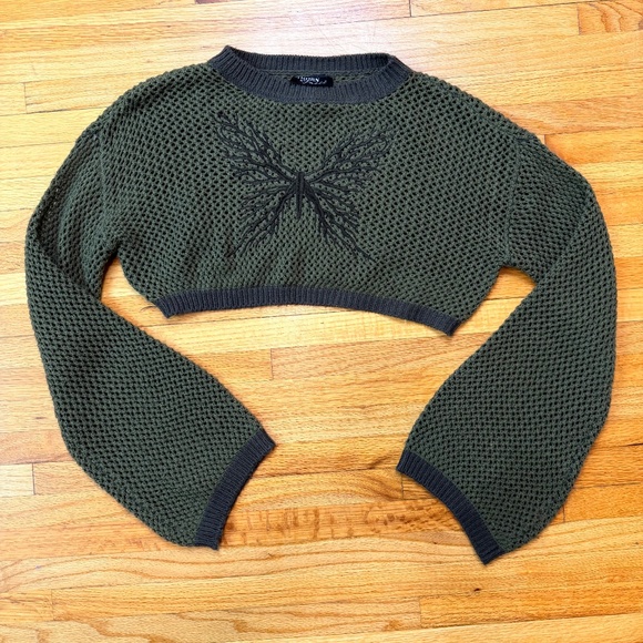 Olive Green Mesh Crochet Knit Cropped Butterfly Sweater - Picture 6 of 8
